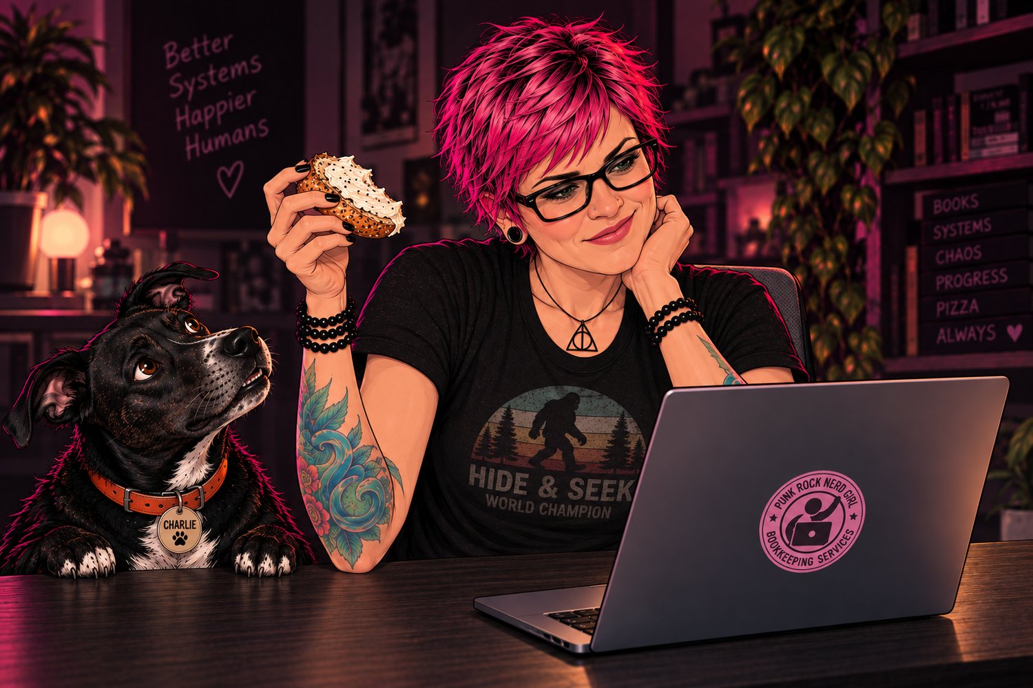 Cartoon Ernie, pink hair and black glasses, at a laptop with a half-eaten frosted cookie in one hand while Charlie the dog looks up at her from beside the desk